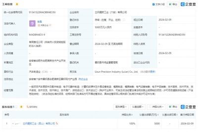 立訊精密5000萬元于六安成立新公司 布局計算機軟硬件及外圍設備制造